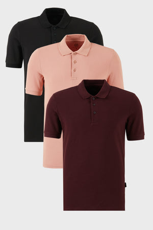 Buratti Pamuklu Regular Fit Düğmeli Polo Yaka 3'lü Paket Erkek T Shirt 5902127S3 Siyah-Vişne-Pudra