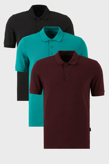 Buratti Pamuklu Regular Fit Düğmeli Polo Yaka 3'lü Paket Erkek T Shirt 5902127S3 Siyah-Vişne-Benetton
