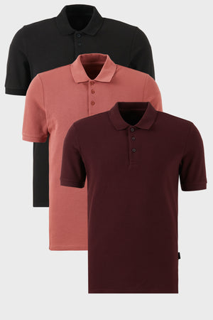 Buratti Pamuklu Regular Fit Düğmeli Polo Yaka 3'lü Paket Erkek T Shirt 5902127S3 Siyah-Vişne-Gül