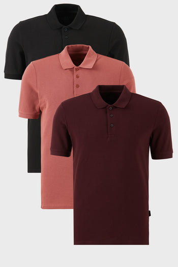 Buratti Pamuklu Regular Fit Düğmeli Polo Yaka 3'lü Paket Erkek T Shirt 5902127S3 Siyah-Vişne-Gül
