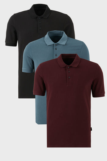 Buratti Pamuklu Regular Fit Düğmeli Polo Yaka 3'lü Paket Erkek T Shirt 5902127S3 Siyah-Vişne-Petrol