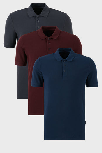 Buratti Pamuklu Regular Fit Düğmeli Polo Yaka 3'lü Paket Erkek T Shirt 5902127S3 Vişne-Antrasit-İndigo