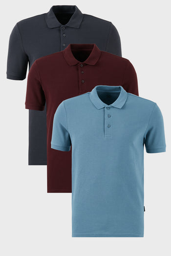 Buratti Pamuklu Regular Fit Düğmeli Polo Yaka 3'lü Paket Erkek T Shirt 5902127S3 Vişne-Antrasit-Mavi