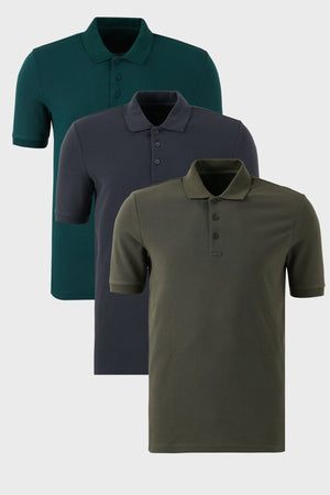 Buratti Pamuklu Regular Fit Düğmeli Polo Yaka 3'lü Paket Erkek T Shirt 5902127S3 Antrasit-Haki-Yeşil