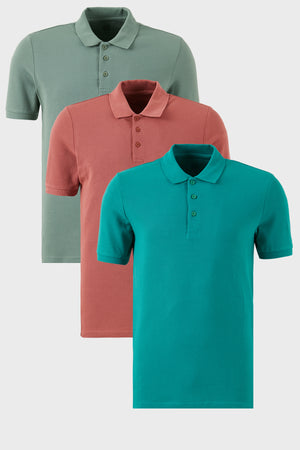 Buratti Pamuklu Regular Fit Düğmeli Polo Yaka 3'lü Paket Erkek T Shirt 5902127S3 Benetton-Gül-Elma Yeşili
