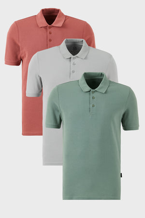 Buratti Pamuklu Regular Fit Düğmeli Polo Yaka 3'lü Paket Erkek T Shirt 5902127S3 Gül-Elma Yeşili-Kül