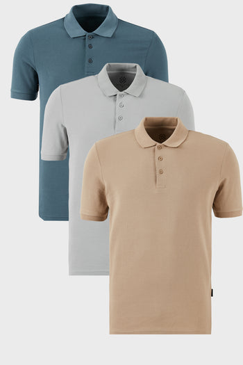 Buratti Pamuklu Regular Fit Düğmeli Polo Yaka 3'lü Paket Erkek T Shirt 5902127S3 Kül-Petrol-Vizon