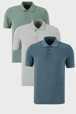 Buratti Pamuklu Regular Fit Düğmeli Polo Yaka 3'lü Paket Erkek T Shirt 5902127S3 Elma Yeşili-Kül-Petrol
