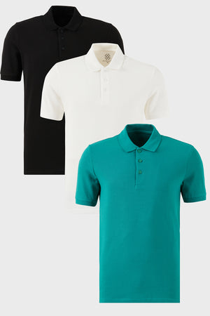 Buratti Pamuklu Regular Fit Düğmeli Polo Yaka 3'lü Paket Erkek T Shirt 5902127S3 Siyah-Beyaz-Benetton