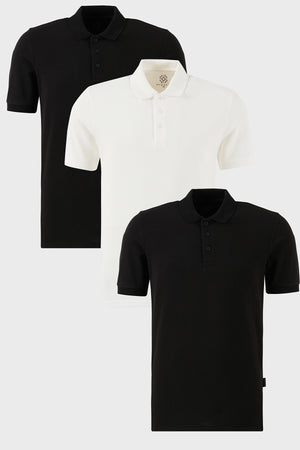 Buratti Pamuklu Regular Fit Düğmeli Polo Yaka 3'lü Paket Erkek T Shirt 5902127S3 Siyah-Beyaz-Siyah