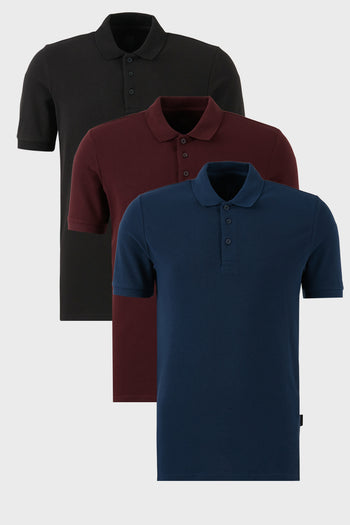 Buratti Pamuklu Regular Fit Düğmeli Polo Yaka 3'lü Paket Erkek T Shirt 5902127S3 İndigo-Siyah-Vişne