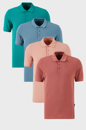 Buratti Pamuklu Regular Fit Düğmeli Polo Yaka 4'lü Paket Erkek T Shirt 5902127S4 Mavi-Pudra-Benetton-Gül