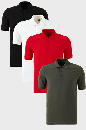 Buratti Pamuklu Regular Fit Düğmeli Polo Yaka 4'lü Paket Erkek T Shirt 5902127S4 Siyah-Beyaz-Kırmızı-Haki