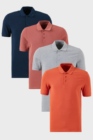 Buratti Pamuklu Regular Fit Düğmeli Polo Yaka 4'lü Paket Erkek T Shirt 5902127S4 İndigo-Gri Melanj-Tarçın-Gül