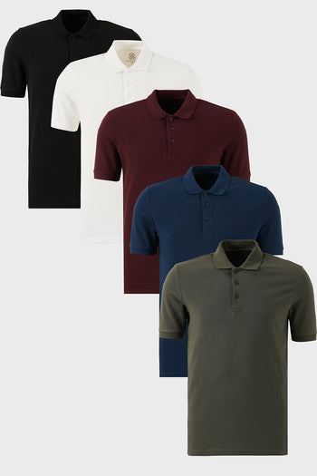 Buratti Pamuklu Regular Fit Düğmeli Polo Yaka 5'li Paket Erkek T Shirt 5902127S5 Siyah-Beyaz-Haki-Vişne-İndigo