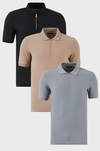 Buratti Pamuklu Regular Fit Yarım Fermuarlı 3'lü Paket Erkek Polo Yaka T Shirt 5902434S3 Siyah-Gri-Vizon