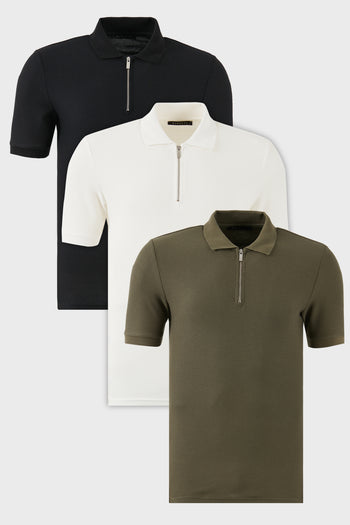 Buratti Pamuklu Regular Fit Yarım Fermuarlı 3'lü Paket Erkek Polo Yaka T Shirt 5902434S3 Siyah-Ekru-Haki