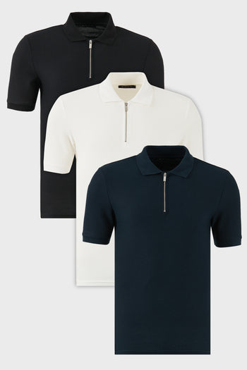 Buratti Pamuklu Regular Fit Yarım Fermuarlı 3'lü Paket Erkek Polo Yaka T Shirt 5902434S3 Siyah-Ekru-İndigo