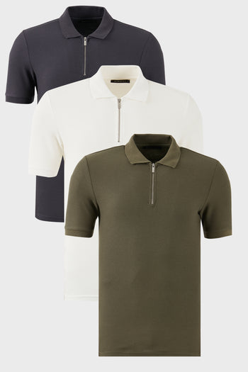 Buratti Pamuklu Regular Fit Yarım Fermuarlı 3'lü Paket Erkek Polo Yaka T Shirt 5902434S3 Ekru-Haki-Antrasit