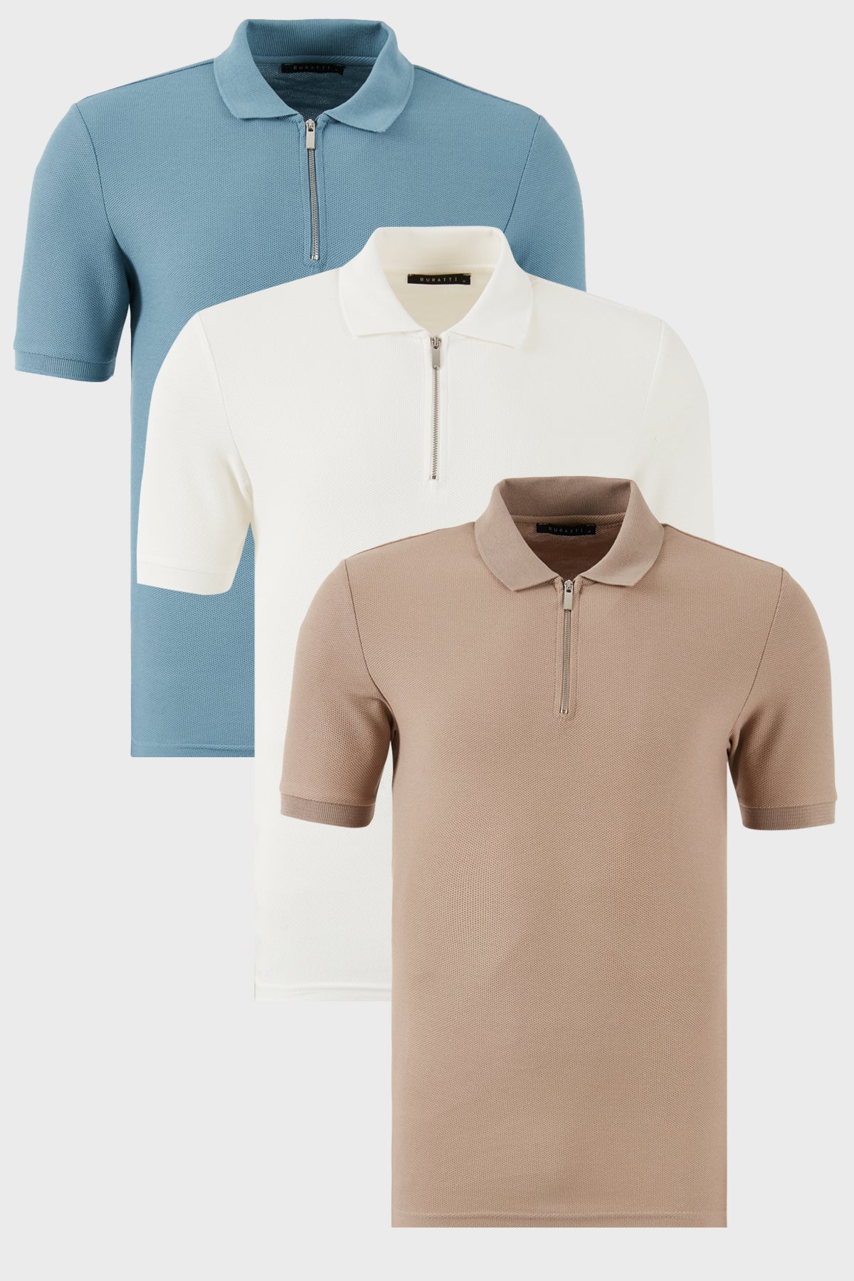 Buratti Pamuklu Regular Fit Yarım Fermuarlı 3'lü Paket Erkek Polo Yaka T Shirt 5902434S3 Ekru-Vizon-Mavi