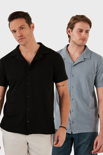 Buratti Pamuklu Regular Fit Kısa Kollu 2'li Paket Erkek Gömlek 5902640S2 SİYAH-AÇIK GRİ
