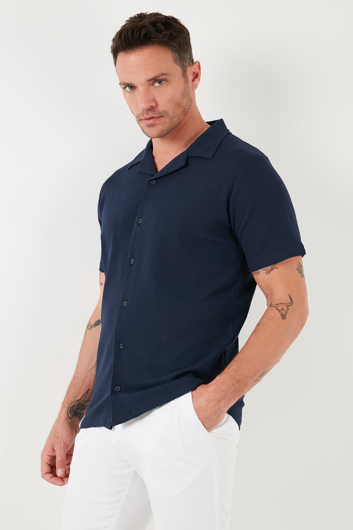 Buratti Pamuklu Regular Fit Kısa Kollu 2'li Paket Erkek Gömlek 5902640S2 Vizon-İndigo