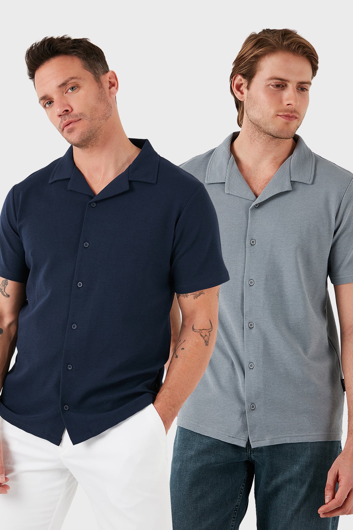 Buratti Pamuklu Regular Fit Kısa Kollu 2'li Paket Erkek Gömlek 5902640S2 İndigo-Açık Gri