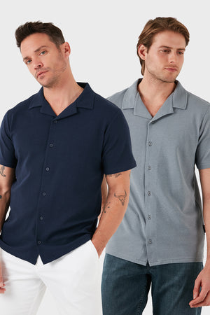 Buratti Pamuklu Regular Fit Kısa Kollu 2'li Paket Erkek Gömlek 5902640S2 İndigo-Açık Gri