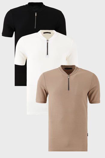 Buratti Pamuklu Regular Fit Yarım Fermuarlı Kolej Yaka 3'lü Paket Erkek T Shirt 5902653S3 Siyah-Beyaz-Vizon