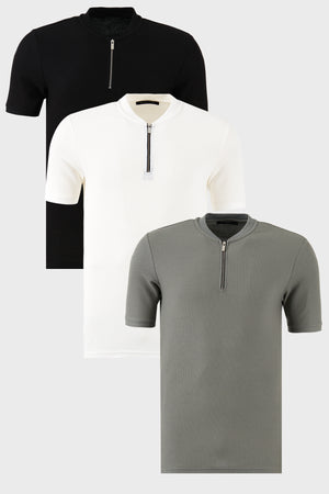 Buratti Pamuklu Regular Fit Yarım Fermuarlı Kolej Yaka 3'lü Paket Erkek T Shirt 5902653S3 Siyah-Beyaz-Açık Haki