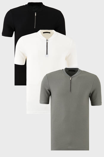 Buratti Pamuklu Regular Fit Yarım Fermuarlı Kolej Yaka 3'lü Paket Erkek T Shirt 5902653S3 Siyah-Beyaz-Açık Haki