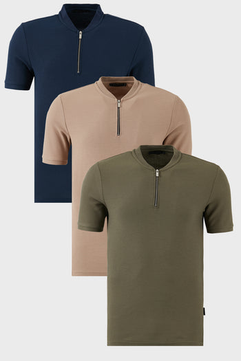 Buratti Pamuklu Regular Fit Yarım Fermuarlı Kolej Yaka 3'lü Paket Erkek T Shirt 5902653S3 Vizon-Haki-Lacivert