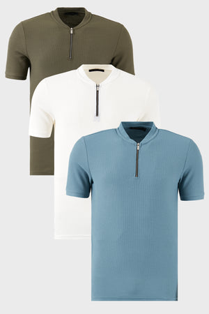Buratti Pamuklu Regular Fit Yarım Fermuarlı Kolej Yaka 3'lü Paket Erkek T Shirt 5902653S3 Beyaz-Haki-Mavi