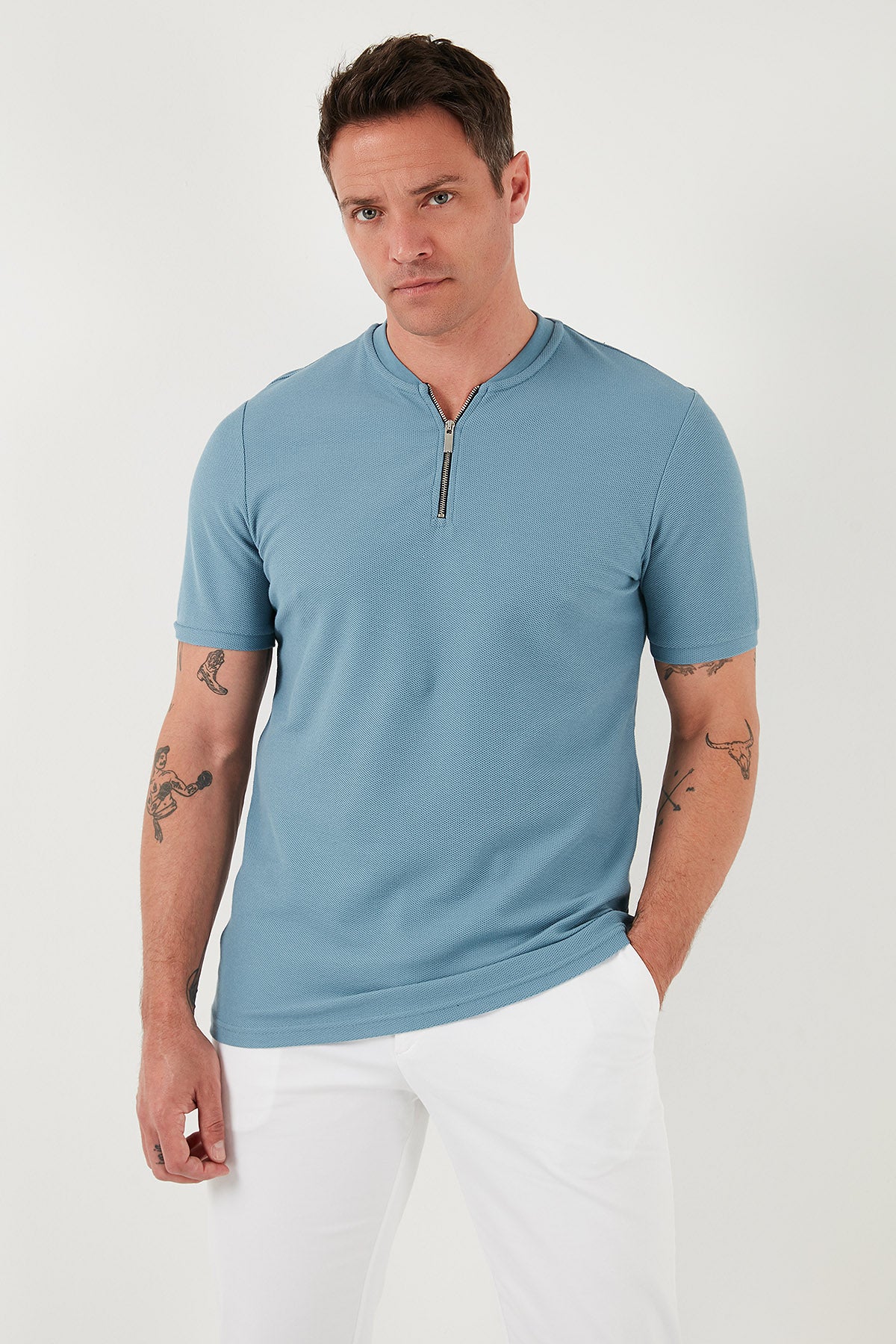 Buratti Pamuklu Regular Fit Yarım Fermuarlı Kolej Yaka 3'lü Paket Erkek T Shirt 5902653S3 Beyaz-Haki-Mavi