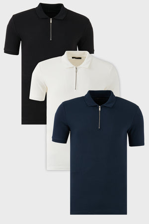 Buratti Pamuklu Regular Fit Yarım Fermuarlı 3'lü Paket Erkek Polo Yaka T Shirt 5902738S3 Siyah-Ekru-İndigo