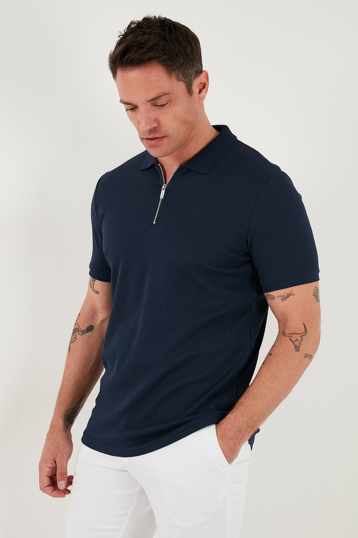 Buratti Pamuklu Regular Fit Yarım Fermuarlı 3'lü Paket Erkek Polo Yaka T Shirt 5902738S3 Siyah-Ekru-İndigo