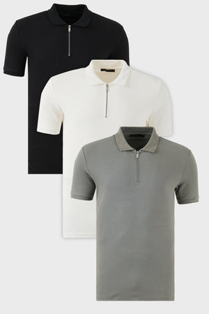 Buratti Pamuklu Regular Fit Yarım Fermuarlı 3'lü Paket Erkek Polo Yaka T Shirt 5902738S3 Siyah-Ekru-Açık Haki