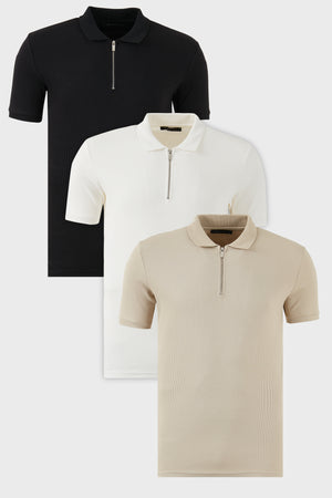 Buratti Pamuklu Regular Fit Yarım Fermuarlı 3'lü Paket Erkek Polo Yaka T Shirt 5902738S3 Siyah-Ekru-Vizon