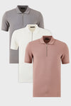 Buratti Pamuklu Regular Fit Yarım Fermuarlı 3'lü Paket Erkek Polo Yaka T Shirt 5902915S3 Pudra-Beyaz-Kül