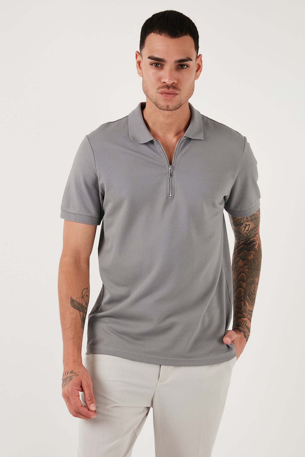 Buratti Pamuklu Regular Fit Yarım Fermuarlı 3'lü Paket Erkek Polo Yaka T Shirt 5902915S3 Pudra-Beyaz-Kül