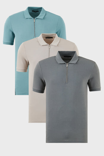 Buratti Pamuklu Regular Fit Yarım Fermuarlı 3'lü Paket Erkek Polo Yaka T Shirt 5902915S3 Açık Haki-Mavi-Gri