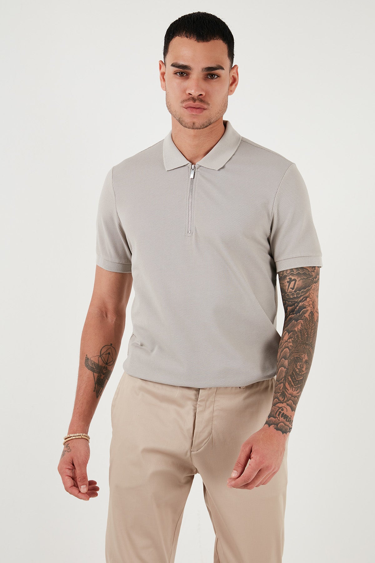 Buratti Pamuklu Regular Fit Yarım Fermuarlı 3'lü Paket Erkek Polo Yaka T Shirt 5902915S3 Açık Haki-Mavi-Gri