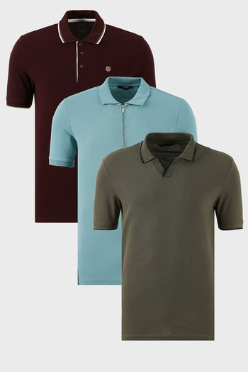 Buratti Pamuklu Regular Fit 3'lü Paket Erkek Polo Yaka T Shirt 59029641518S3 Haki-Vişne-Beyaz-Mavi