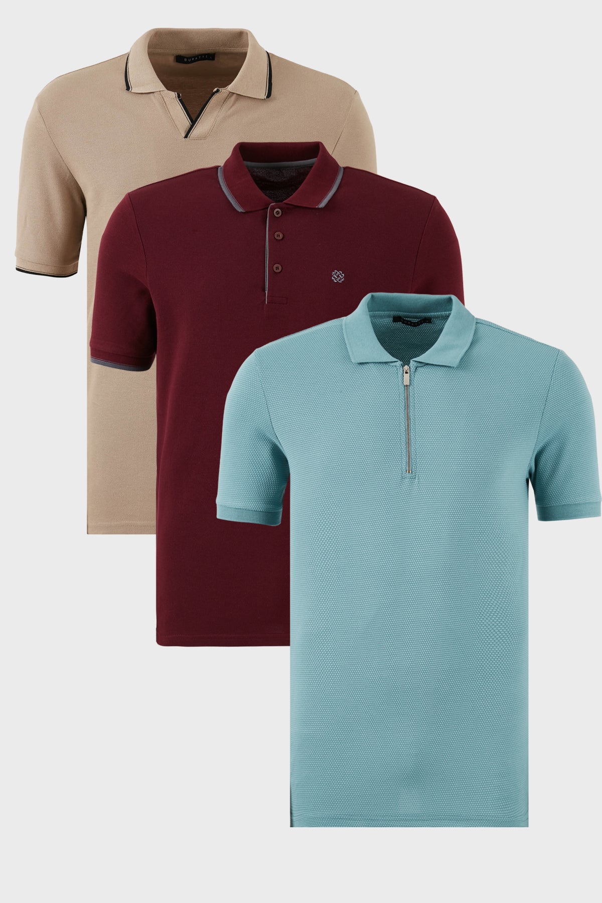 Buratti Pamuklu Regular Fit 3'lü Paket Erkek Polo Yaka T Shirt 59029641518S3 Vizon-Vişne-Mavi