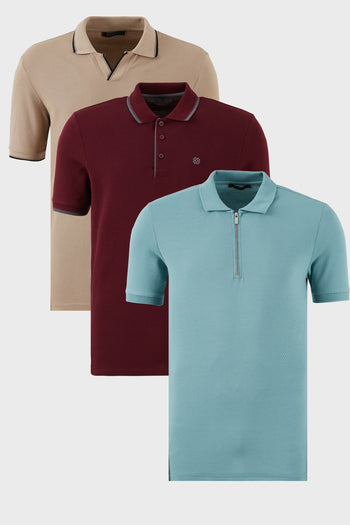 Buratti Pamuklu Regular Fit 3'lü Paket Erkek Polo Yaka T Shirt 59029641518S3 Vizon-Vişne-Mavi