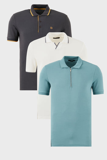 Buratti Pamuklu Regular Fit 3'lü Paket Erkek Polo Yaka T Shirt 59029641518S3 Beyaz-Antrasit-Mavi