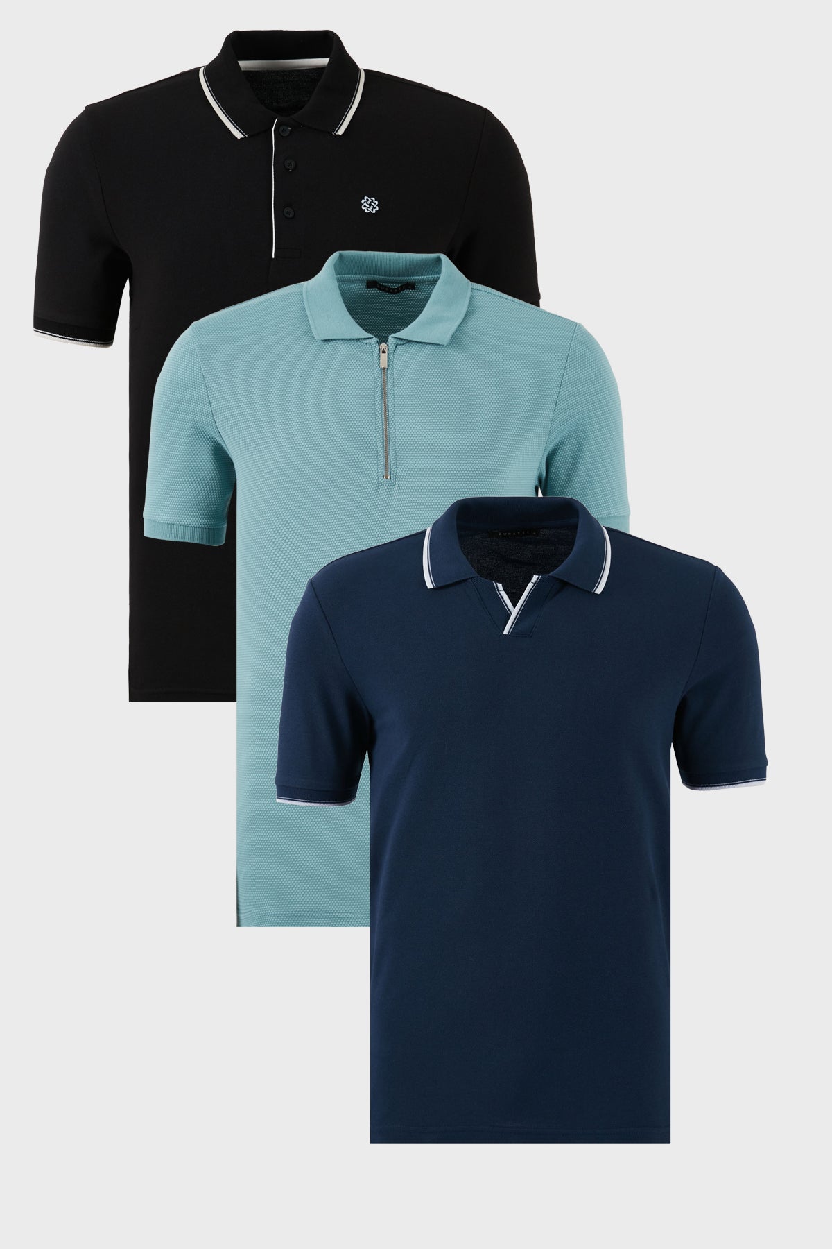 Buratti Pamuklu Regular Fit 3'lü Paket Erkek Polo Yaka T Shirt 59029641518S3 İndigo-Siyah-Beyaz-Mavi
