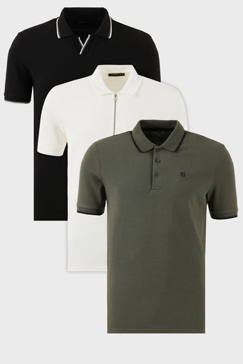 Buratti Pamuklu Regular Fit 3'lü Paket Erkek Polo Yaka T Shirt 59029641518S3 SİYAH-BEYAZ-HAKİ