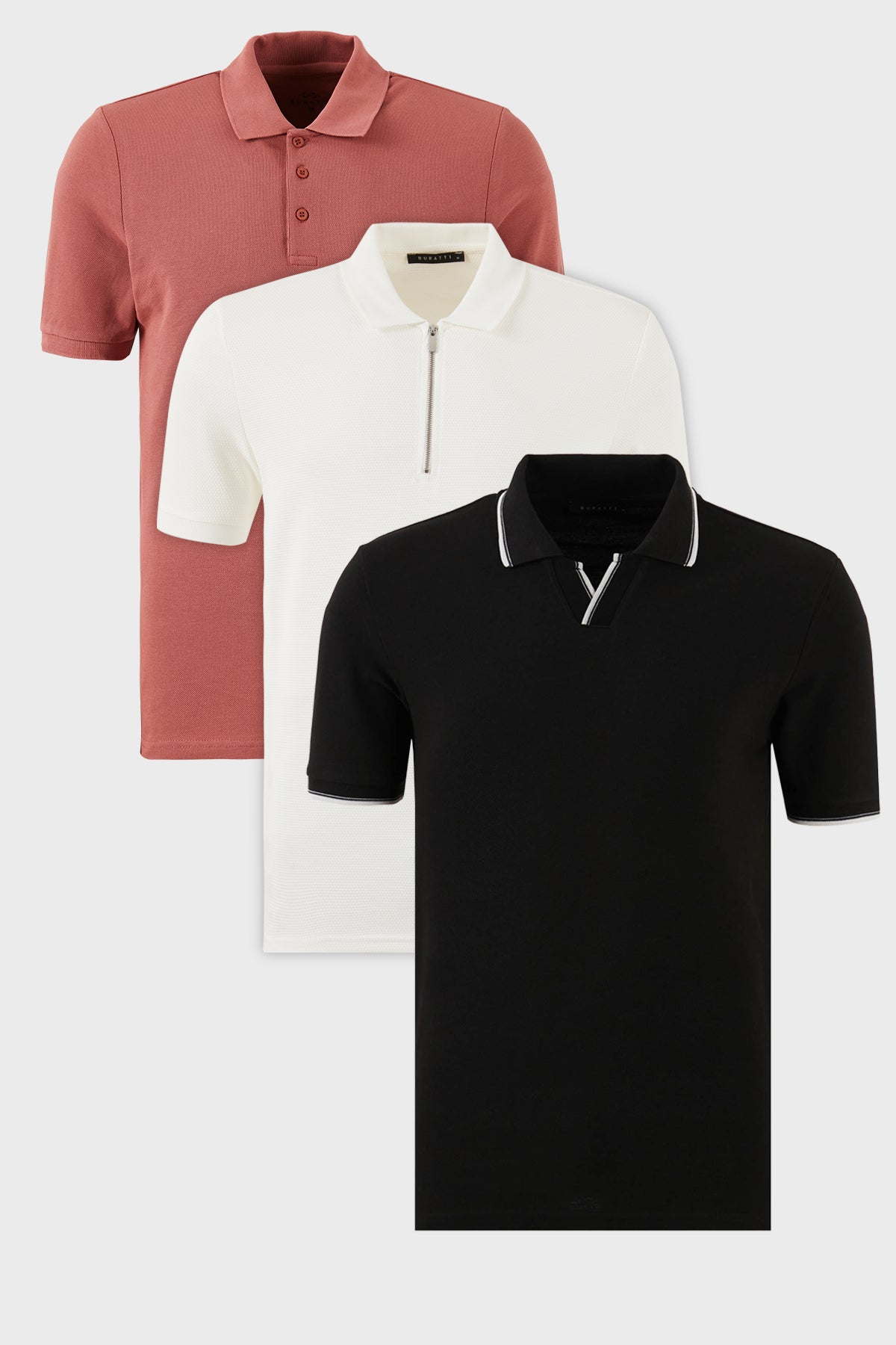 Buratti Pamuklu Regular Fit 3'lü Paket Erkek Polo Yaka T Shirt 59029641527S3 Siyah-Beyaz-Gül
