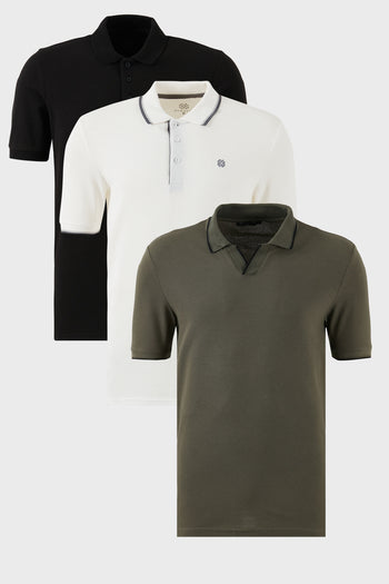 Buratti Pamuklu Regular Fit 3'lü Paket Erkek Polo Yaka T Shirt 59029641827S3 Haki-Siyah-Beyaz